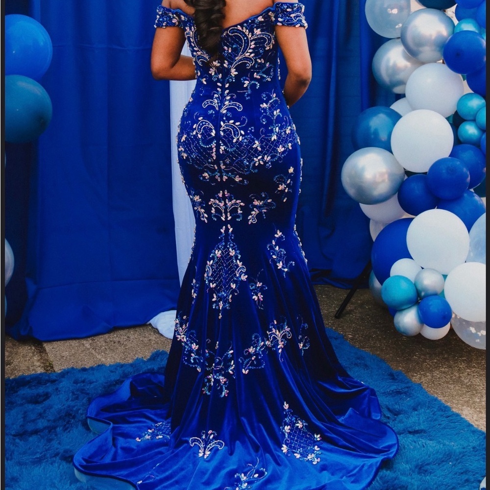 Elegant Sapphire Off-Shoulder Embroidered Dress